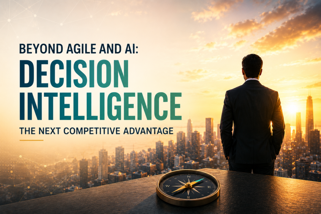 Featured image for an article on Decision Intelligence in Software Delivery, showing an executive leader overlooking a city skyline to represent strategic decision-making and competitive advantage.
